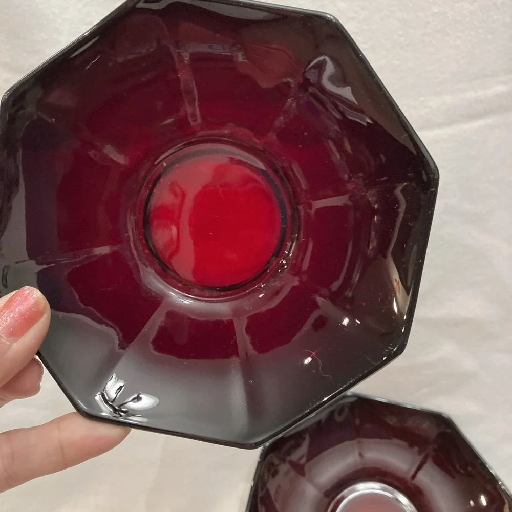 Vintage Ruby Red Glass Saucers Dessert Bowls Scallop Top Edge Lot of 3